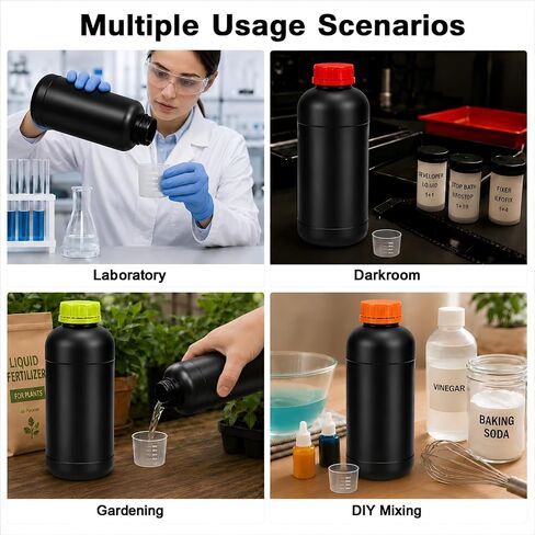 METAPACK 4 عبوات من الزجاجات البلاستيكية السوداء المقاومة للتسرب بوزن 34 أونصة، وزجاجات كاشف HDPE، وحاويات تخزين كيميائية مع أغطية أكواب قياس، وأغطية وملصقات داخلية مرمزة بالألوان in Kuwait