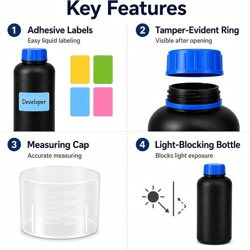 METAPACK 4 عبوات من الزجاجات البلاستيكية السوداء المقاومة للتسرب بوزن 34 أونصة، وزجاجات كاشف HDPE، وحاويات تخزين كيميائية مع أغطية أكواب قياس، وأغطية وملصقات داخلية مرمزة بالألوان in Kuwait