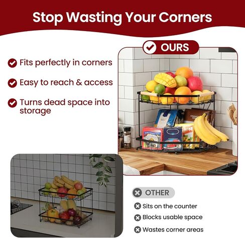 2 Tier Corner Fruit Basket for Kitchen Counter with Banana Hangers, Detachable Fruit Bowl with Wooden Handle, Metal Corner Rack for Fruit and Vegetable Storage, Kitchen Countertop Organizer in Kuwait