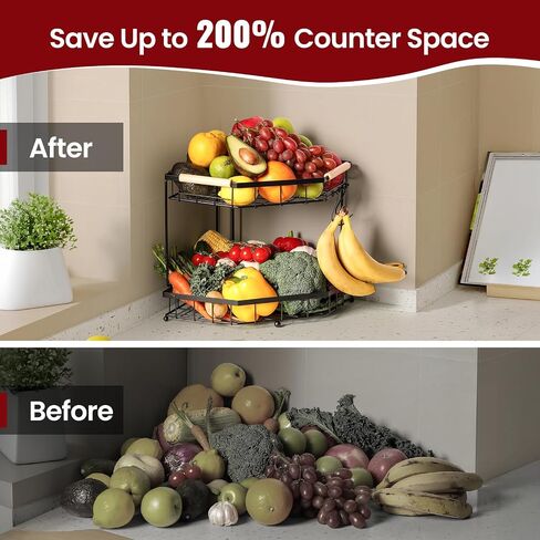 2 Tier Corner Fruit Basket for Kitchen Counter with Banana Hangers, Detachable Fruit Bowl with Wooden Handle, Metal Corner Rack for Fruit and Vegetable Storage, Kitchen Countertop Organizer in Kuwait