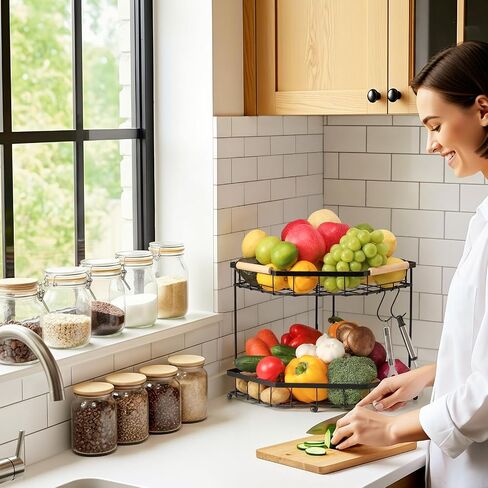 2 Tier Corner Fruit Basket for Kitchen Counter with Banana Hangers, Detachable Fruit Bowl with Wooden Handle, Metal Corner Rack for Fruit and Vegetable Storage, Kitchen Countertop Organizer in Kuwait