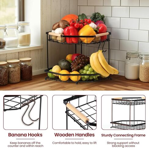 2 Tier Corner Fruit Basket for Kitchen Counter with Banana Hangers, Detachable Fruit Bowl with Wooden Handle, Metal Corner Rack for Fruit and Vegetable Storage, Kitchen Countertop Organizer in Kuwait