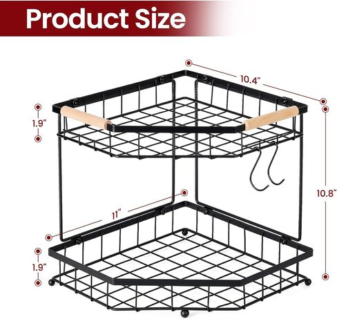 2 Tier Corner Fruit Basket for Kitchen Counter with Banana Hangers, Detachable Fruit Bowl with Wooden Handle, Metal Corner Rack for Fruit and Vegetable Storage, Kitchen Countertop Organizer in Kuwait