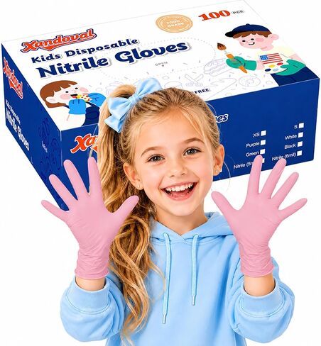 Kids Nitrile Gloves for 6-10 Years, 5Mil Pink Disposable Gloves for Work, Cleaning, Cooking, Gardening, Painting, Latex-Free and Powder-Free (S,100PCS) in Kuwait