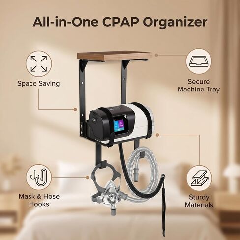 رف تثبيت على الحائط CPAP، حامل خرطوم CPAP، حامل خرطوم CPAP للسرير، منظم من طبقتين مع شماعة خرطوم Cpap 2 قطعة خطافات سفلية لمستلزمات CPAP حامل منظمة بجانب السرير in Kuwait
