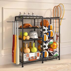 Garage Ball Storage Rack, Sports Equipment Organizer for Gear and Toys, Basketball Ball Holder with Basket & Hooks, Heavy Duty Weight Dumbbell Rack for Home Gym Accessories, Black in Saudi Arabia