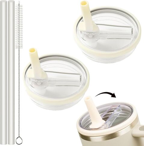 2 Pack 40 oz Tumbler Flip Straw Lid for HydroJug Leak Proof Lid Replacement, Spill Proof Splash Resistant Tumbler Lids with 2 Straws and Brush (Cream+Cream) in Kuwait