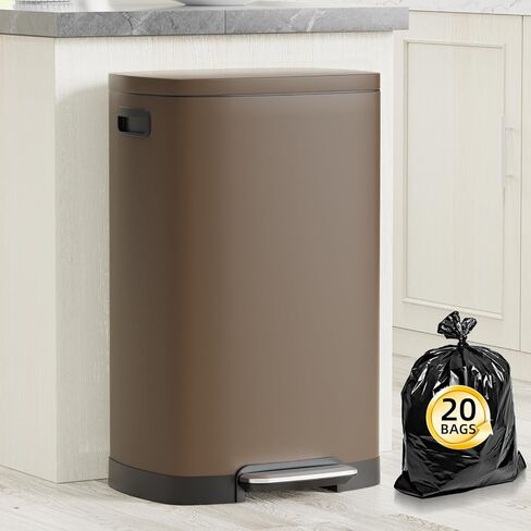 KdbK 13 Gallon Trash Can with Lid, 50L Fingerprint Proof Stainless Steel Kitchen Trash Can with Removable Inner Bucket and Lid Soft Close, Pedal Rubbish Bin for Home Office, Brown in Saudi Arabia