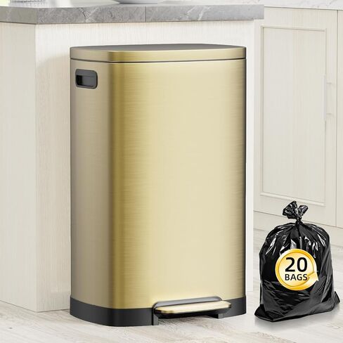 KdbK 13 Gallon Trash Can with Lid, 50L Fingerprint Proof Stainless Steel Kitchen Trash Can with Removable Inner Bucket and Lid Soft Close, Pedal Rubbish Bin for Home Office, Brown in Saudi Arabia