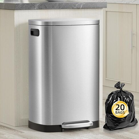 KdbK 13 Gallon Trash Can with Lid, 50L Fingerprint Proof Stainless Steel Kitchen Trash Can with Removable Inner Bucket and Lid Soft Close, Pedal Rubbish Bin for Home Office, Brown in Saudi Arabia