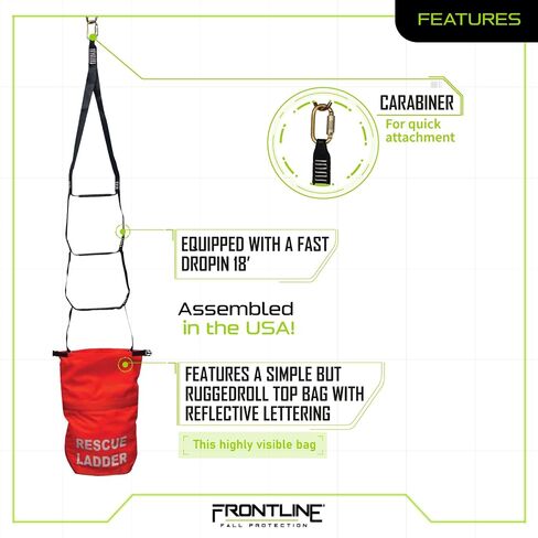 Frontline Fall Protection RLA18 Rescue Ladder Kit 18' | Breaking Strength: 5,000lbs/ 22kN | OSHA Compliant Rescue Kit with Deployment Bag | ANSI Z359.12 Steel Carabiner (30kN) in Kuwait