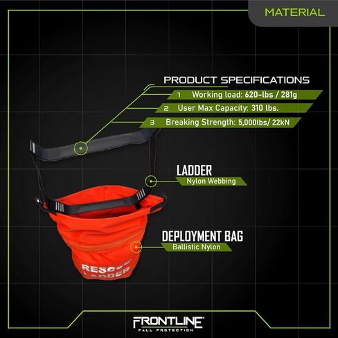 Frontline Fall Protection RLA18 Rescue Ladder Kit 18' | Breaking Strength: 5,000lbs/ 22kN | OSHA Compliant Rescue Kit with Deployment Bag | ANSI Z359.12 Steel Carabiner (30kN) in Kuwait