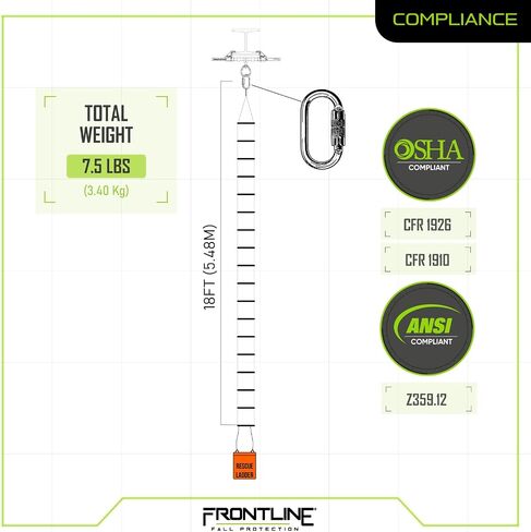 Frontline Fall Protection RLA18 Rescue Ladder Kit 18' | Breaking Strength: 5,000lbs/ 22kN | OSHA Compliant Rescue Kit with Deployment Bag | ANSI Z359.12 Steel Carabiner (30kN) in Kuwait