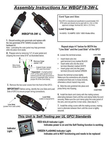 Webber Replacement in-line GFCI for Larger Diameter 14AWG/3C STW Cable only - auto-Reset 15A/120V, User Attachable. Webber WBGF18-3W-L-KIT-IA (WBGF-3W-L) in Kuwait