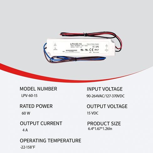 LPV-60-15 60W 15V 4A مقاوم للماء IP67 LED مزود الطاقة - مصدر طاقة ثابت الجهد قابل للتحويل لإضاءة LED الخارجية وصناديق الإضاءة الإعلانية وتزيين المناظر الطبيعية والأجهزة الإلكترونية in Kuwait