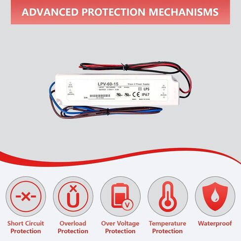 LPV-60-15 60W 15V 4A مقاوم للماء IP67 LED مزود الطاقة - مصدر طاقة ثابت الجهد قابل للتحويل لإضاءة LED الخارجية وصناديق الإضاءة الإعلانية وتزيين المناظر الطبيعية والأجهزة الإلكترونية in Kuwait