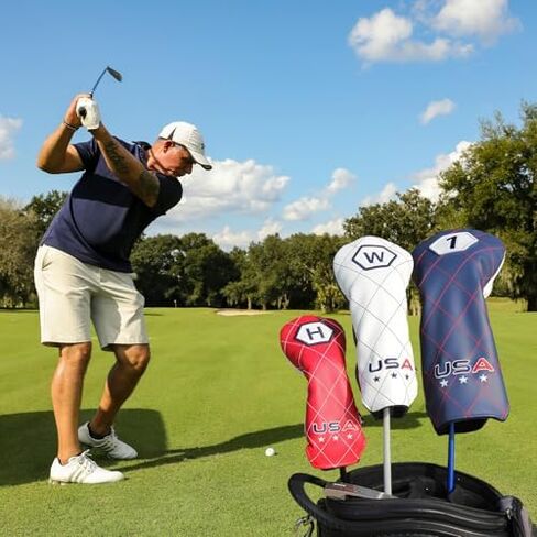 Golf Driver Head Covers (Blue) & Wood Headcovers (White), USA Golf Club Covers, Waterproof Thick Plush Lining, Universal Fit for Golf Clubs in Kuwait