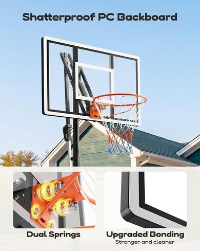 Yohood Basketball Hoop Outdoor 44 بوصة لوحة خلفية للكمبيوتر الشخصي، هدف كرة سلة قابل للتعديل 5.5-10FT مع نظام ارتداد 180 درجة، طوق كرة سلة محمول لجميع الأعمار للعب في الفناء الخلفي/المحاكم/الداخلي in Kuwait
