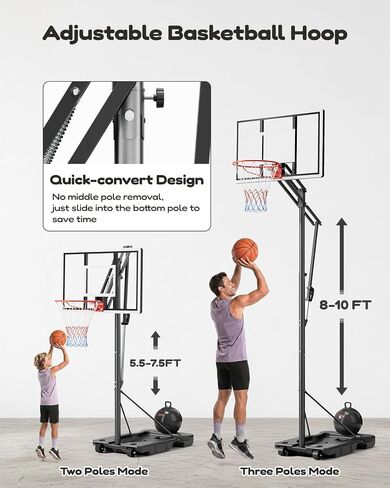Yohood Basketball Hoop Outdoor 44 بوصة لوحة خلفية للكمبيوتر الشخصي، هدف كرة سلة قابل للتعديل 5.5-10FT مع نظام ارتداد 180 درجة، طوق كرة سلة محمول لجميع الأعمار للعب في الفناء الخلفي/المحاكم/الداخلي in Kuwait