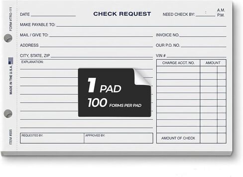 Check Request Form – for Record Requests and Approvals in Car Dealerships – 1-Part 20# White Paper Form - Ideal for Organized Filing Systems - 8-1/2" x 5-1/2" - 4 Pad (Packaged 100 Per Pad) in Kuwait