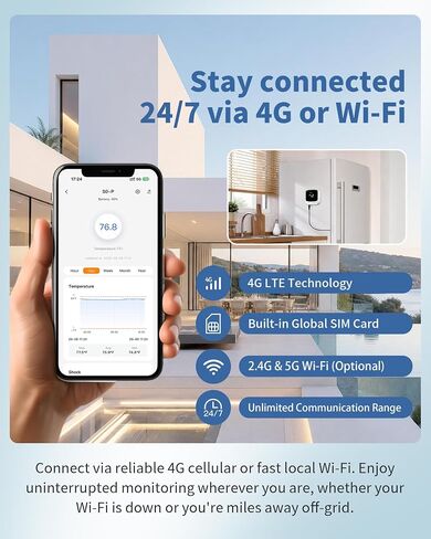 Frigga S0-P 4G & WiFi ثلاجة ميزان حرارة مع منبه، مراقب درجة حرارة الفريزر مع التحكم في التطبيق للمطبخ المنزلي، حوض استحمام ساخن، ثلاجة، اشتراك لمدة عامين in Kuwait