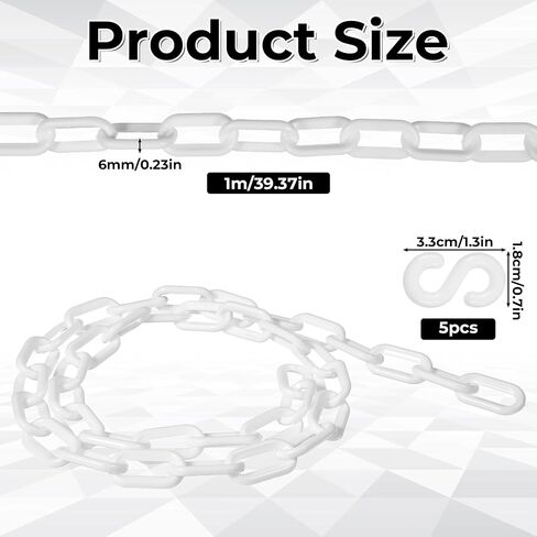 Plastic Chain Links, 3 Ft 6mm Plastic Chains with 5 S-Hooks, Linking Chains for Barriers, Crowd Control, Parking, Fences, Gates, Concerts, and Decoration, White in Saudi Arabia