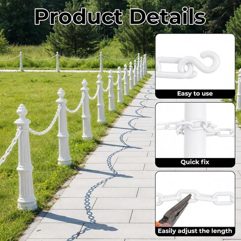 Plastic Chain Links, 3 Ft 6mm Plastic Chains with 5 S-Hooks, Linking Chains for Barriers, Crowd Control, Parking, Fences, Gates, Concerts, and Decoration, White in Saudi Arabia