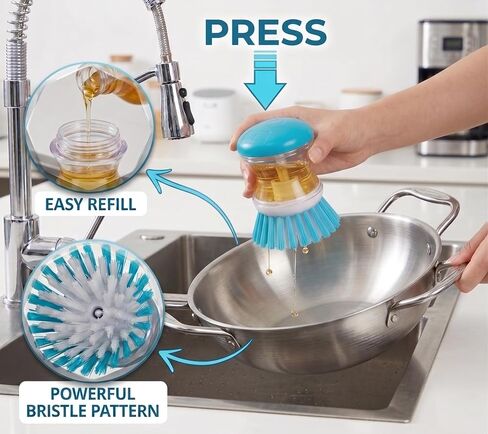 Soap Dispensing Palm Brush, Blue, Easy-Fill Scrubber for Kitchen & Home Cleaning, Pack of 1, Hampton Distribution in Kuwait