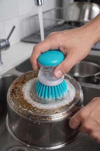 Soap Dispensing Palm Brush, Blue, Easy-Fill Scrubber for Kitchen & Home Cleaning, Pack of 1, Hampton Distribution in Kuwait