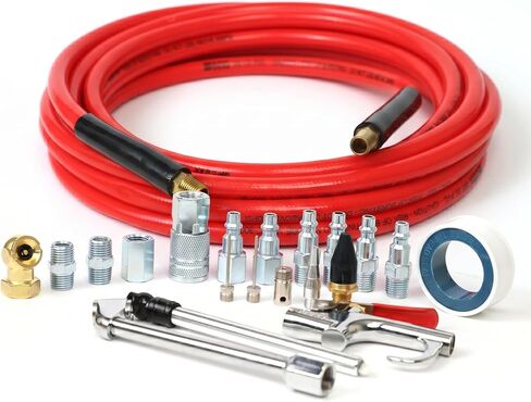 20-Pc 3/8" x 25ft PVC Air Hose Kit, Air Compressor Accessories with 300 PSI Work Pressure, Air Blow Gun, Tire Chucks and 1/4" NPT Plugs in Kuwait