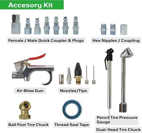 20-Pc 3/8" x 25ft PVC Air Hose Kit, Air Compressor Accessories with 300 PSI Work Pressure, Air Blow Gun, Tire Chucks and 1/4" NPT Plugs in Kuwait