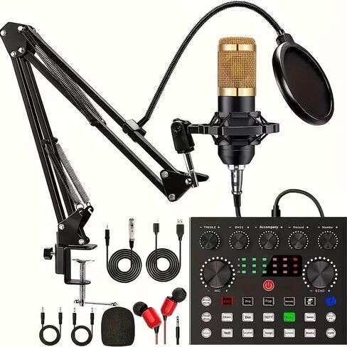 Podcast Microphone Kit with Audio Mixer, BM800 Condenser Mic, Adjustable Arm, Pop Filter, Shock Mount, for Gaming, Streaming, and Recording in Kuwait