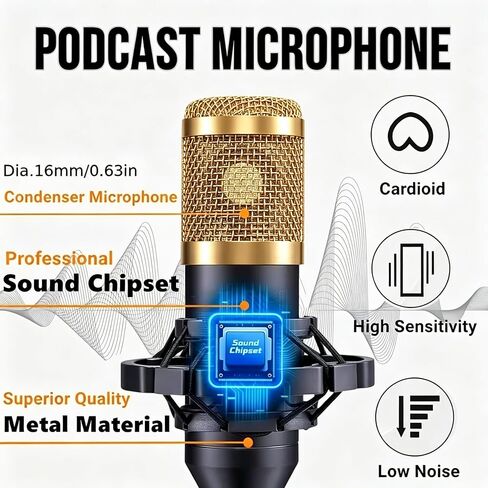 Podcast Microphone Kit with Audio Mixer, BM800 Condenser Mic, Adjustable Arm, Pop Filter, Shock Mount, for Gaming, Streaming, and Recording in Kuwait
