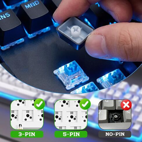 52 Pcs Blue Mechanical Keyboard Switches, 3-Pin Clicky Tactile Switches | Complete DIY Replacement Kit with Switch Puller & Brush, Pre-Lubricated for Gaming Keyboard Typing and DIY Builds, Blue in Kuwait