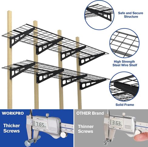 WORKPRO 2-Pack 2x6FT رفوف حائط المرآب، 72 بوصة × 24 بوصة رفوف مثبتة على الحائط شديدة التحمل، سعة تحميل 800 رطل (إجمالي)، أرفف حائط معدنية مناسبة للمتجر، السقيفة، تخزين المرآب، أسود، مجموعة واحدة in Kuwait