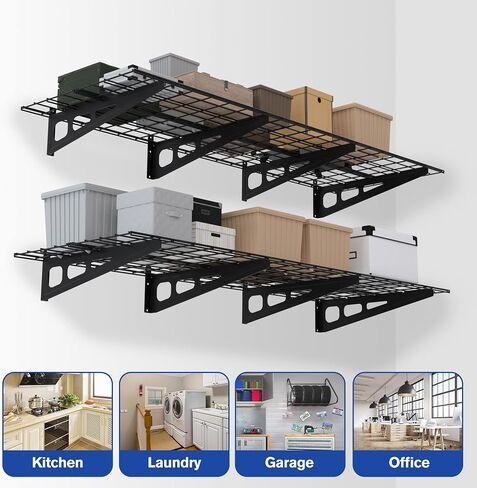 WORKPRO 2-Pack 2x6FT رفوف حائط المرآب، 72 بوصة × 24 بوصة رفوف مثبتة على الحائط شديدة التحمل، سعة تحميل 800 رطل (إجمالي)، أرفف حائط معدنية مناسبة للمتجر، السقيفة، تخزين المرآب، أسود، مجموعة واحدة in Kuwait