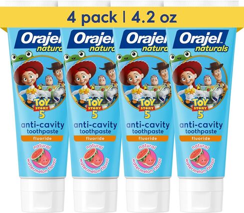 Orajel Naturals Toy Story 5 معجون أسنان مضاد للتجويف بالفلورايد، بطيخ طبيعي، 4.2 أونصة (عبوة من 4 قطع) in Kuwait