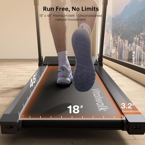 جهاز مشي Vitalwalk قابل للطي مع ميل تلقائي، حزام تشغيل عريض 48 بوصة × 18 بوصة، 10 ميل في الساعة، 3.5 حصان بدون فرش، جهاز المشي للمنزل، قابل للطي تلقائيًا، بدون تركيب، سعة 350 رطل، تطبيق in Kuwait