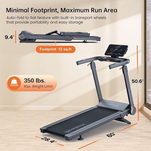 جهاز مشي Vitalwalk قابل للطي مع ميل تلقائي، حزام تشغيل عريض 48 بوصة × 18 بوصة، 10 ميل في الساعة، 3.5 حصان بدون فرش، جهاز المشي للمنزل، قابل للطي تلقائيًا، بدون تركيب، سعة 350 رطل، تطبيق in Kuwait