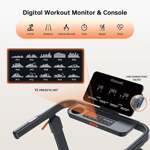 جهاز مشي Vitalwalk قابل للطي مع ميل تلقائي، حزام تشغيل عريض 48 بوصة × 18 بوصة، 10 ميل في الساعة، 3.5 حصان بدون فرش، جهاز المشي للمنزل، قابل للطي تلقائيًا، بدون تركيب، سعة 350 رطل، تطبيق in Kuwait
