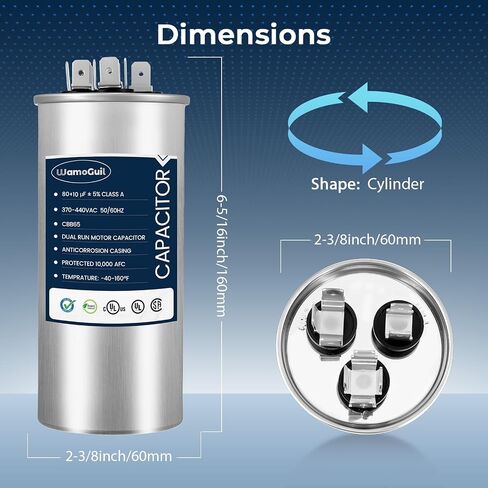 80/10 فائق التوهج 80 + 10 MFD 370VAC أو 440VAC تشغيل مزدوج مكثف A/C مستدير CBB65 CBB65B مكثفات مكيف الهواء لوحدة التيار المتردد، بدء تشغيل محرك المروحة أو المضخة الحرارية أو المكثف البارد المستقيم in Kuwait