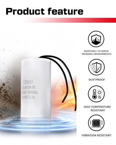 CBB60 Motor Run Capacitor, 60uF 300V AC 60MFD, 50/60Hz, 2-Wire, 1.61 x 3.70 Inch, for Air Compressor, HVAC, Water Pump in Kuwait