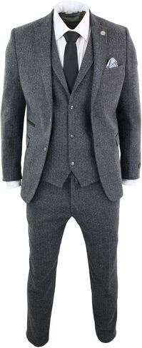 Mens Grey Black 3 Piece Tweed Suit Herringbone Wool Vintage Retro in Saudi Arabia