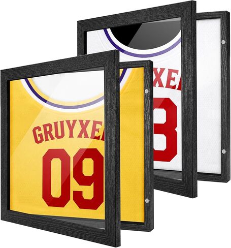2 Pack Jersey Display Case 13.2x13.2, Magnetic Front-Opening Jerseys Frame, Black Wood Grain MDF Shadow Box with UV-Protective Acrylic for Folded T-Shirts & Memorabilia, Wall Mount or Tabletop in Kuwait