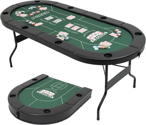 71" Folding Poker Tables, 8 Player Texas Holdem Table with Padded Rails & Cup Holders, Foldable Casino Poker Table, Oval Blackjack Tables Foldable Leisure (Black) in Kuwait