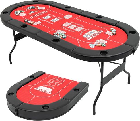 71" Folding Poker Tables, 8 Player Texas Holdem Table with Padded Rails & Cup Holders, Foldable Casino Poker Table, Oval Blackjack Tables Foldable Leisure (Black) in Kuwait