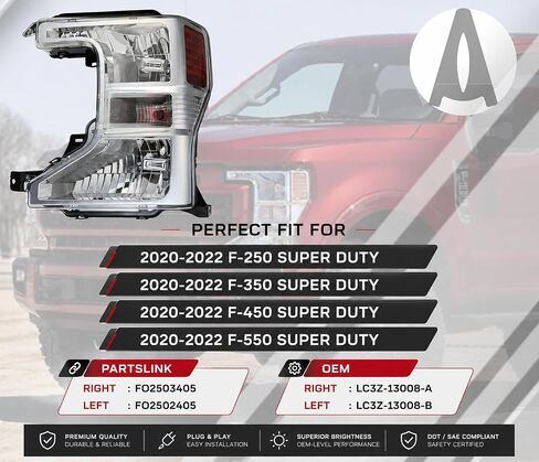 استبدال المصابيح الأمامية لسيارة Ford F-450 Super Duty 2020 2021 2022 فقط مجموعة المصابيح الأمامية الهالوجين من المصنع مع المصابيح، الجانب الأيسر/السائق، متوافق مع LC3Z-13008-B / FO2502405 DOT/SAE in Kuwait