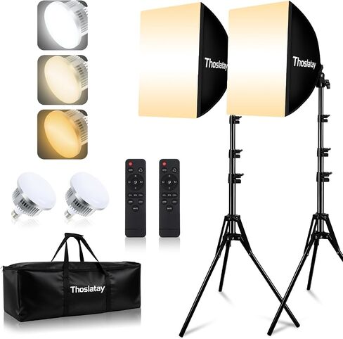 طقم إضاءة Softbox، Thoslatay 16x16in ترقية صندوق ناعم 85W 2700-6400K 100V-240V LED لمبات LED مجموعة إضاءة التصوير الفوتوغرافي الاحترافية، أضواء استوديو الصور لالتقاط الصور/تسجيل الفيديو/البث المباشر in Kuwait