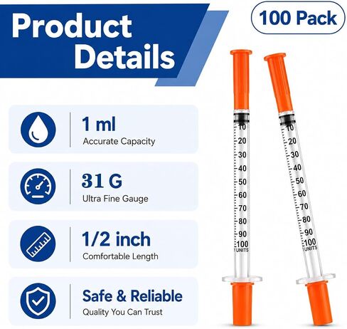 100 PACK 1 ml Syringe, 31G x 1/2’’ (13mm), Disposable Individual Package, for Liquid Distribution,Box of 100 in Kuwait