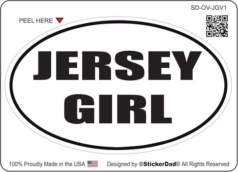 PosterDad® Oval - Jersey Girl - ملصق مطبوع بالألوان الكاملة - الحجم: 4"، اللون: أبيض/أسود - للنوافذ، والجدران، والمصدات، وأجهزة الكمبيوتر المحمول، والخزائن، إلخ. in Kuwait
